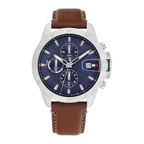 Tommy Hilfiger Uhr mit Dual-Time-Funktion für Herren - 1792195 - Armbanduhren für Herren mit braunem Lederarmband, robuster 43mm Edelstahlgehäuse und Dual-Time-Funktion für einen stilvollen, abenteuerlichen Look.
