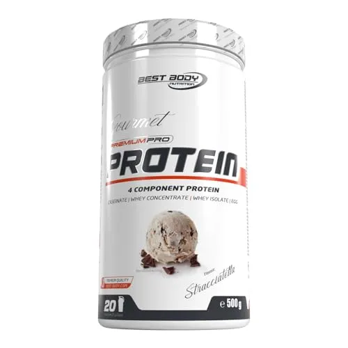 Best Body Nutrition Gourmet Premium Pro Protein, Stracciatella - 4 Komponenten Protein Shake - Molkenproteine mit 80% Proteinanteil, ideal für Muskelaufbau und -erhalt. Perfekte Löslichkeit in Milch und Wasser, inklusive praktischem Dosierlöffel.