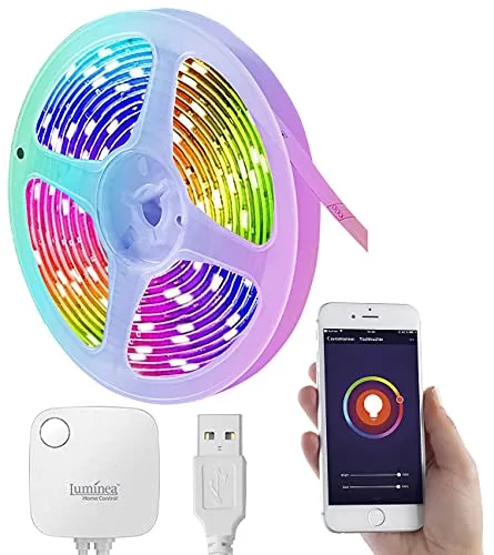 Luminea Home Control LED Alexa: USB-RGB-LED-Streifen mit WLAN, App, Sound- & Sprachsteuerung, 3 m (Leuchtstreifen, Streifen mit Alexa, Glaskantenbeleuchtung)