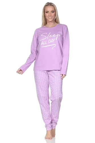 Normann Damen Schlafanzug mit Gepunkteter Hose und Frontprint – Größe 48-50 - Eleganter Langarm Schlafanzug mit Punkte-Optik, ideal für Tag und Nacht. Hochwertige Markenqualität von Normann, gefertigt nach OEKOTEX STANDARD 100 für besten Tragekomfort.