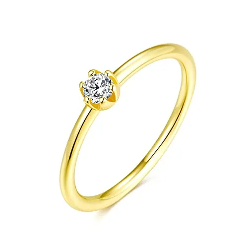 Sterling Silber Ring mit weißem Stein für Damen | Damenring, Verlobungsring, Solitär-Ring, Silberring schlicht für Frauen, Freundin Antrag | Echtsilber Ringe Modern (60, Gold) 925