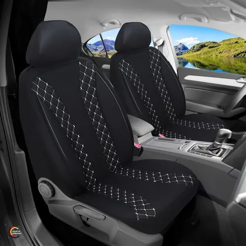 BREMER SITZBEZÜGE für BMW X5 E53 (1999-2006), 2-tlg. Set - Hochwertige Schonbezüge in Schwarz mit eleganter weißer Naht, passend für Fahrzeuge mit oder ohne Sitzheizung und Seitenairbag. Pflegeleicht und atmungsaktiv, ideal für den täglichen Einsatz.