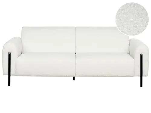 3-Sitzer Sofa Bouclé weiß mit verstellbarer Rückenlehne - Elegantes 3-Sitzer Sofa in Weiß mit Bouclé-Bezug, verstellbarer Rückenlehne und stylischen schwarzen Metallfüßen – ideal für modernes Wohnen.