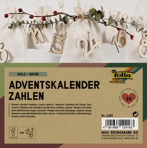 folia Adventskalender-Holzzahlen natur 24 Zahlen aus Holz