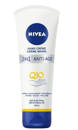 NIVEA 3in1 Anti-Age Q10 Hand Creme (75 ml) - Handcreme für normale bis trockene Hände mit Anti-Falten Wirkung und UV-Schutz – bietet 24h Feuchtigkeit und hilft, die ersten Zeichen der Hautalterung sichtbar zu mildern.