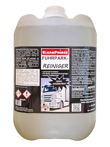 CleanPrince 10 Liter Fuhrparkreiniger - Hochkonzentrierter Sprühreiniger für Auto, Truck & Bus - Betriebsstoffe & Fette - Universell einsetzbar mit enormer Fettlösekraft, hochkonzentriert 1:3 bis 1:50 verdünnbar für optimale Reinigungsergebnisse.