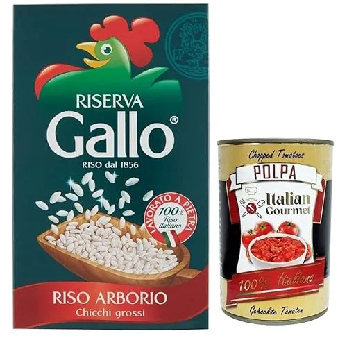 Gallo Riso Arborio Riserva,100% Italienischer Reis,Kochzeit 15 Minuten,Packung mit 1Kg + Italian Gourmet Polpa di Pomodoro 400g Dose
