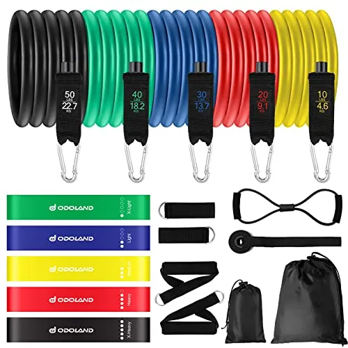 Odoland Resistance Bands Gymnastikband Widerstandsband Set 5 Fitnessbänder Expander Tube Rubber Bands mit Griff Türanker Knöchelriemen für Krafttraining Calisthenic Crossfit Pilates Physiotherapie