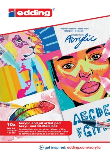 edding 30010 Acryl- und Ölmalblock - weiß - 10 Blätter in A4-300 g/m² dickes Acrylpapier - Leinwandähnliches Papier für Acryl- und Ölfarbe, säurefrei, ideal für jedes künstlerisches Niveau