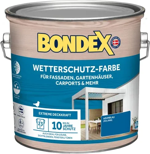 Bondex Wetterschutz Farbe Azurblau (RAL5009) 2,5 L - Lacke - Extreme Deckkraft und hervorragende Witterungsbeständigkeit für bis zu 10 Jahre optimalen Holzschutz, ideal für Fassaden und Gartenhäuser.
