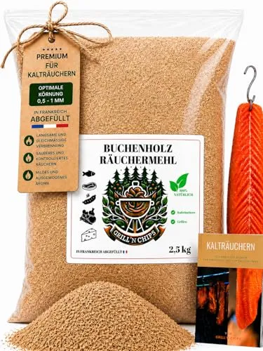 GRILL'N CHIPS® Räuchermehl/Räucherspäne Buche 2,5 Kg zum Kalträuchern | Buchenspäne/Buchenmehl zum Räuchern, Körnung 0,5-1 mm, Naturbelassen. Für Sparbrand, Räucherschnecke & Räucherofen. PDF-Guide