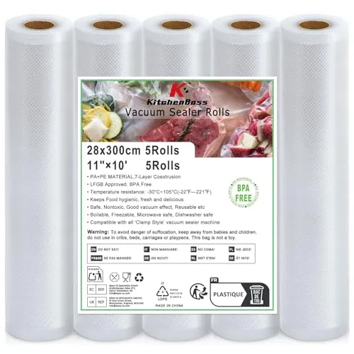 KitchenBoss Vakuumierbeutel Vakuumierfolie 5 Rollen: 28 x 300 cm Vakuumbeutel-Lebensmittel für Vakuumiergerät Und Sous Vide, Einschweißfolie Reißfest und Kochfest