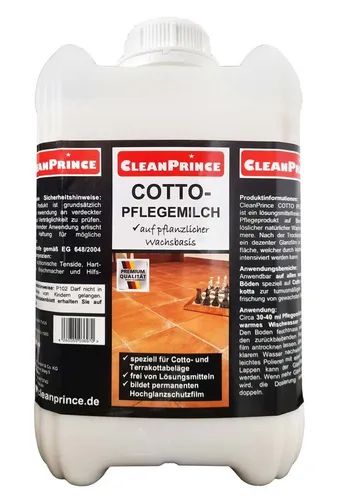 CleanPrince Cotto Pflegemilch - Wachsbasis Terrakotta Reiniger - Reinigungsmittel für wasserfeste Böden, lösungsmittelfrei und sorgt für einen intensiven Glanz bei Cotto und Terrakotta.