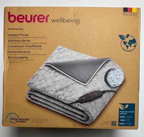 Beurer HD 75 Cosy Nordic Wärmezudecke - 180x130cm, Grau - Heizdecke in Grau, ideal für gemütliche Abende, mit Fernbedienung und mehreren Temperatureinstellungen für individuellen Komfort.