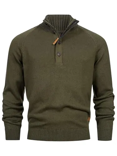 Indicode Herren INRajas Strickpullover aus Baumwolle mit Stehkragen | Herrenpullover Feinstrickpullover für Männer Army Mix, XL