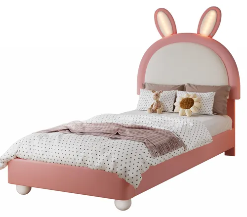 Kinderbett mit Lattenrost und RGB LED-Streifen, 90x200 cm - Rosa - Modernes Polsterbett mit komfortablem Kopfteil und steuerbaren RGB LED-Streifen. Ideal für Kinderzimmer, einfache Montage und hohe Stabilität. Lieferung ohne Matratze und Dekoration.