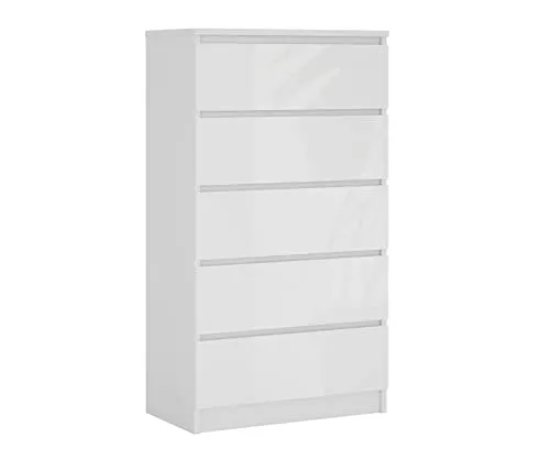 3E 3xE living.com Kommode mit 5 Schubladen, Farbe: Weiss Matt/Weiss Glanz, H: 124 cm, B: 70 cm, T: 39 cm