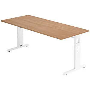 Hammerbacher-Schreibtisch C-Fuß 180x80cm Nussbaum/Weiß - Kinderschreibtisch OS19, höhenverstellbar von 65-85 cm, mit stabiler Nussbaumplatte und C-Fuß-Gestell in Weiß für ergonomisches Arbeiten.
