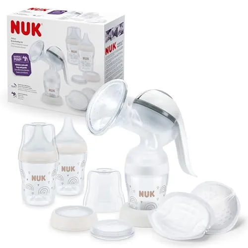 NUK Stillset Handmilchpumpe Perfect Match - Milchpumpen-Set für müheloses Abpumpen und Kombination von Stillen und Flaschenfütterung. Mit ergonomischem Pumphebel und samtweichem Silikon-Kissen für sanfte Massage.