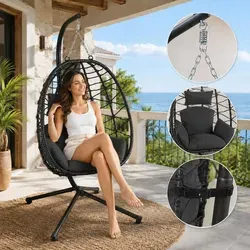 Makika Hängesessel Hängekorb aus Polyrattan mit Gestell - Hängesessel für Innen- & Außenbereich, tragbar und komfortabel mit gepolsterten Kissen. Höhenverstellbar und mit Sicherheitsverschluss für mehr Sicherheit beim Entspannen.
