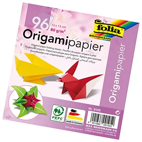 folia 9105 - Faltblätter Origami 13 x 13 cm, 80 g/qm, 96 Blatt, sortiert in 12 verschiedenen Farben - ideal zum Papierfalten und für andere kreative Bastelarbeiten