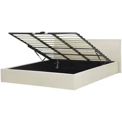 Bett mit Stauraum ORBEY 180 x 200 cm - Skandinavisches Polsterbett in Hellbeige mit hochklappbarem Bettkasten, ideal für zusätzlichen Stauraum und modernes Design.