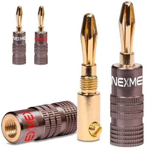 NEXMEX Bananenstecker 4mm - 4 Stück Ultimate Stecker als Set - Steckverbinder 24K vergoldet für Lautsprecherkabel - HiFi Lautsprecheranschluss