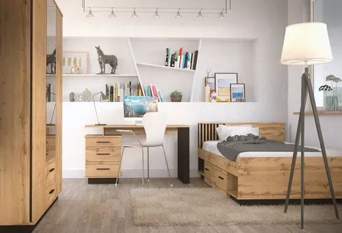 möbel-direkt.de Jugendzimmer-Set Lamelo in Eiche Wotan & Schwarz Matt, 4-tlg. Komplett Set - Das Jugendzimmer-Set Lamelo vereint modernes Design mit Funktionalität. Mit einem geräumigen Kleiderschrank, einem praktischen Bett und einem Schreibtisch bietet es viel Stauraum und schafft eine gemütliche Atmosphäre für Jugendliche.