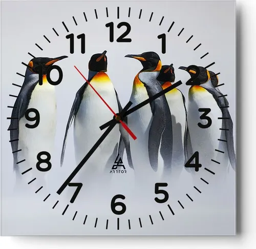 Wanduhr - Quadrat - Glasuhr - Pinguine Winter Schnee Spaziergang - 30x30cm - Schleichendes Uhrwerk - Lautlos - zum Aufhängen bereit - Dekoration Modern - Wanddekoration aus Glas - C4AC30x30-2893