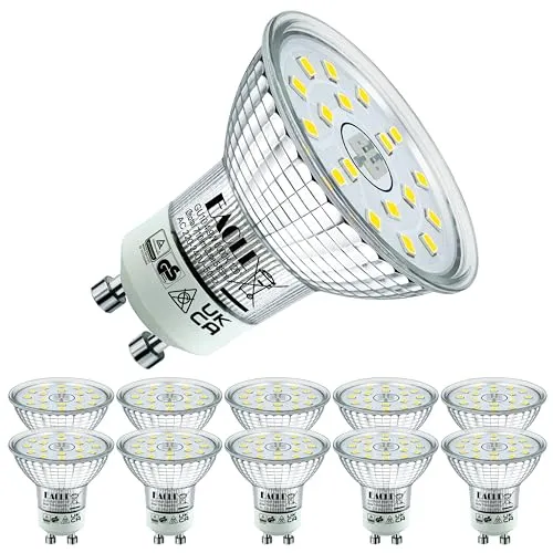 EACLL GU10 LED Kaltweiss 4.9 W Ersetzt 75W Halogen Leuchtmittel, 10er-Pack. 585 Lumen 6000K Birnen, AC 230V Flimmerfrei Strahler, Abstrahlwinkel 120° Spot, Nicht Dimmbar Ø50xH53mm Reflektorlampen
