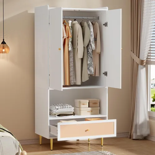 Merax Drehtürenschrank mit Rattan-Schublade, 80 × 48 × 175 cm, Weiß