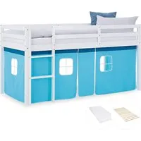 Homestyle4u Kinder Hochbett 90x200 mit Matratze und Vorhang Blau - Massives Holz-Hochbett für Kinder, inklusive stabiler Matratze und Lattenrost. Flexibel montierbare Leiter und stilvoller blauer Vorhang sorgen für Sicherheit und Komfort im Kinderzimmer.