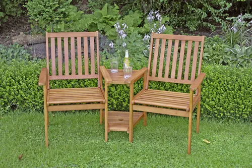 Garden Pleasure Edison Sitzgruppe für 2 Personen mit Beistelltisch - Gartenmöbel Lounge-Set aus Eukalyptus, wetterresistent und mit mittig verbundenem Beistelltisch, ideal für entspannte Stunden im Freien.