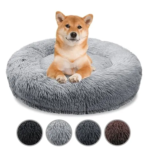 bluzelle Orthopädisches Hundebett für Mittelgroße Hunde, 80cm Donut Kissen Waschbar Memory Foam Rund, Hundekorb Hundekissen Flauschig Plüsch Kunstfell Weich, Farbe:Hellgrau
