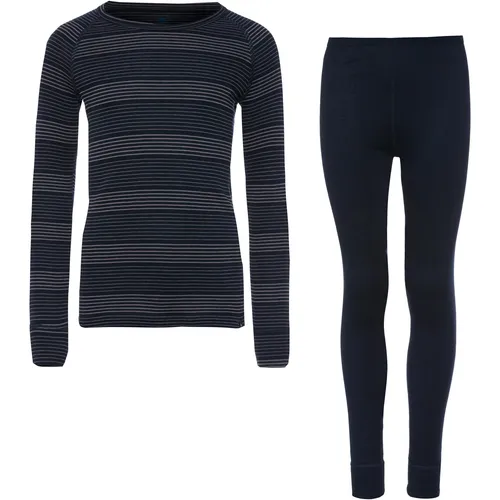 Odlo The Active Warm ECO Base Layer Set - Dunkelblau/Grau (21094) 128 - Funktionsunterwäsche für Kinder, bietet hervorragende Wärme und Feuchtigkeitsmanagement, ideal für Skifahren und winterliche Aktivitäten, aus 100% recyceltem Polyester.