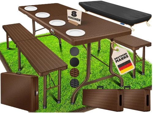 KESSER Bierzeltgarnitur 3-teilig Set - Bierzeltgarnituren für drinnen, aus Kunststoff in Rattanoptik, ideal für Feste und Feiern, robust und stilvoll in braun.