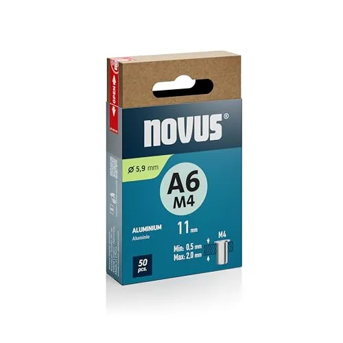 NOVUS TOOLS Aluminium-Blindnietmuttern Ø 5,9 mm, M4 Gewinde, 11 mm Länge, 50 Nietmuttern, 0,5-2,0 mm Klemmlänge, ideal für Befestigungen in Nichteisen Metall, Kunststoff und Leichtbaumaterial