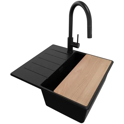 PRIMAGRAN Granitspüle Alles Schwarz 55x50cm, Spülbecken 1 Becken + Küchenarmatur 40x20cm + Zuberhor-Set, Küchenspüle ab 40er Unterschrank - Kopenhagen S293