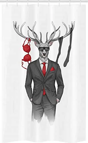 ABAKUHAUS Hipster Schmaler Duschvorhang, Womanizer Deer in Anzug Kunst, Badezimmer Deko Set aus Stoff mit Haken, 120 x 180 cm, Grau Pale Taupe