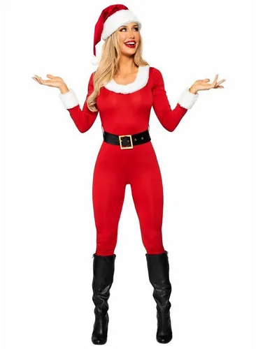 Leg Avenue Sexy Santa Suit Kostüm - Kostüm für Erwachsene, hautenger Weihnachtsmannanzug in Rot mit Jumpsuit, Gürtel und Weihnachtsmütze – perfekt für die festliche Saison!