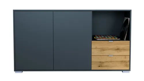 Vladon Sideboard Milano (Kommode mit 2 Türen Anthrazit matt, 2 Schubladen Eiche Evoke, Made in Germany), Korpus Anthrazit matt (152,5 x 83 x 37 cm)