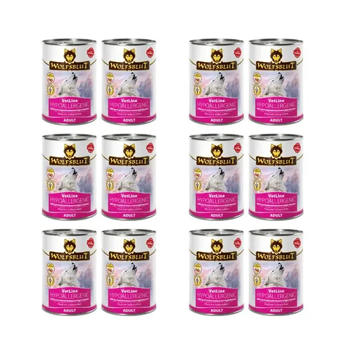 Wolfsblut Vetline Hypoallergenic Nassfutter für sensible Hunde 12x395g - Hypoallergenes Nassfutter für Hunde mit Futtermittelunverträglichkeiten. Reduzierte Zutatenliste für hohe Verträglichkeit und Unterstützung der Verdauungsfunktion. Ideal für alle Hunderassen.