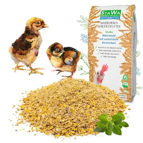 STAWA Kükenmehl Kükenaufzucht Alleinmehl, natürlicher Cocci-Schutz durch Majoran und Oregano-Öl, ohne Gentechnik, mit Leinschrot + Schwarzkümmel, Premium Kükenfutter für sichere Aufzucht, 5 kg