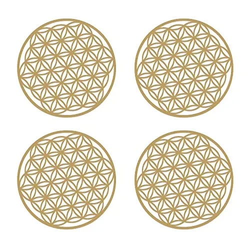 BEIIEB 4 Stück Blume des Lebens aus Holz, Dekoration für zu Hause, Wandbilder, spirituelle Symbole, esoterische Geschenke, geschnitzte Untersetzer, für Reinigung, Meditation, Lichttherapie