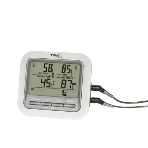 TFA Dostmann Mobiles Grillthermometer - Bratenthermometer für präzises Garen von Fleisch und Fisch. Mit zwei Edelstahlfühlern für gleichzeitige Temperaturüberwachung und Timer-Funktion für perfekte Ergebnisse.