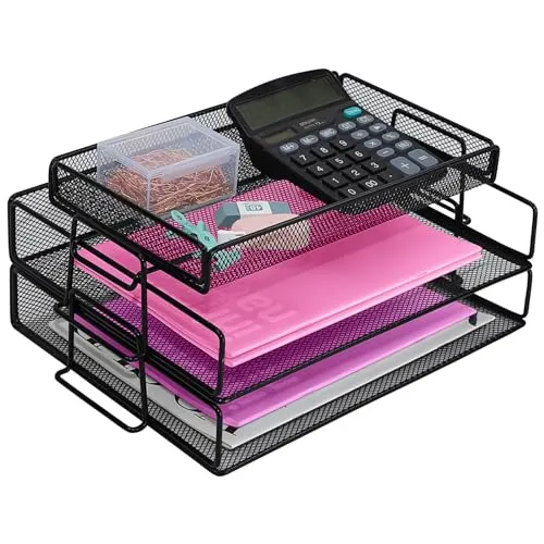ideallife Schreibtisch Organizer mit Dokumentenablage, 2 Stück Briefablage Metall Stapelbar mit Oberes Tablett, Schreibtischablage für A4 Papier, Bürobedarf