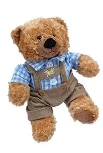 Teddys Rothenburg Trachten-Teddy blond 22 cm blaues Hemd und brauner Lederhose Plüschteddy