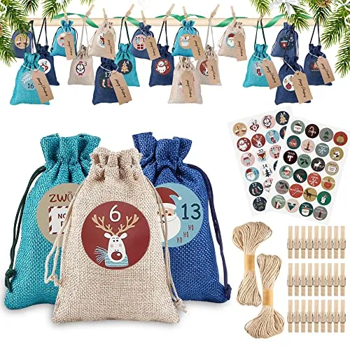 DazSpirit 24 Adventskalender Zum Befüllen,Jutesäckchen Adventskalender 2024 Für Männer Frauen Kinder,Weihnachten Geschenktüten Mit 48 Adventszahlen Aufkleber,DIY Stoffbeutel Weihnachtskalender Tüten