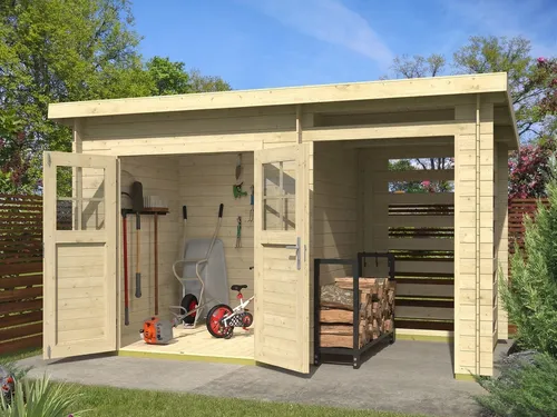 Gartenhaus Blockhaus Gerätehaus mit Pultdach aus Holz - Hochwertiges Blockbohlenhaus aus Fichte, ideal für die Aufbewahrung im Garten. Mit stabiler Doppeltür und robustem Pultdach bietet es viel Platz und schützt Ihre Geräte optimal.