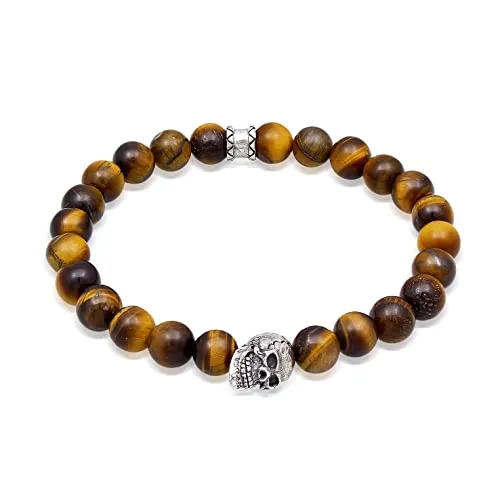 Kuzzoi Armband Tigerauge Totenkopf Bead Steinarmband 925 Silber - Armschmuck aus 925 Silber mit braunem Tigerauge und Totenkopf-Design, ideal für einen einzigartigen Look und besondere Anlässe.